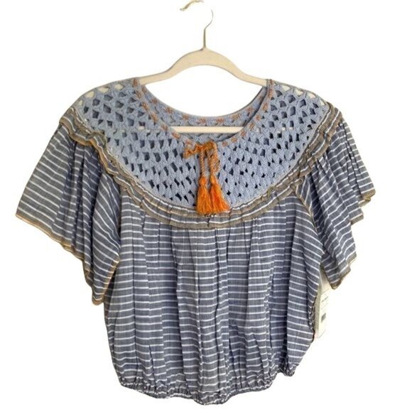 Free People Allora Blouse Size Small Crochet Neckline Striped Blue Orange New - Picture 2 of 8